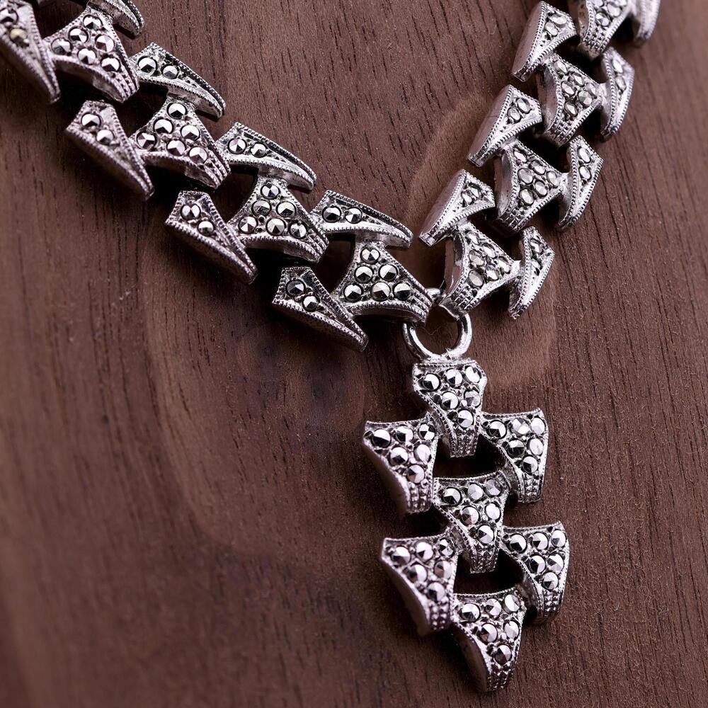 Vintage KD Kilmer & Daniel Art Deco Sterling Marcasite Necklace and Earring Set - Picture 5 of 11